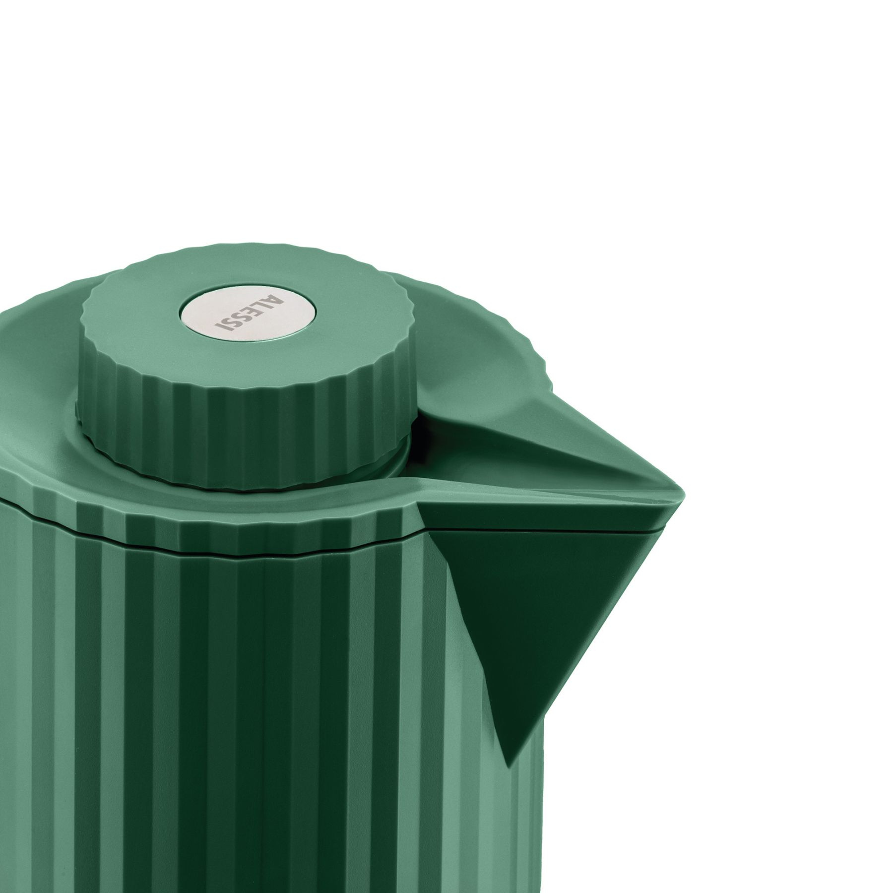 Grüne Alessi Plissé Isolierkanne, Detailansicht von Deckel und Ausguss, modernes Design.