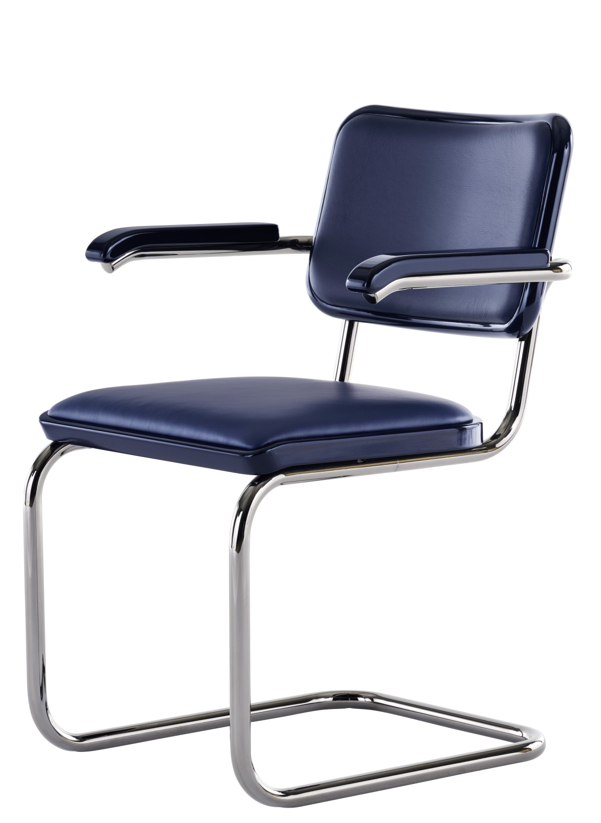 JS. Thonet S 64 P Freischwinger Stuhl mit blauem Leder und verchromtem Stahlrohr Gestell.