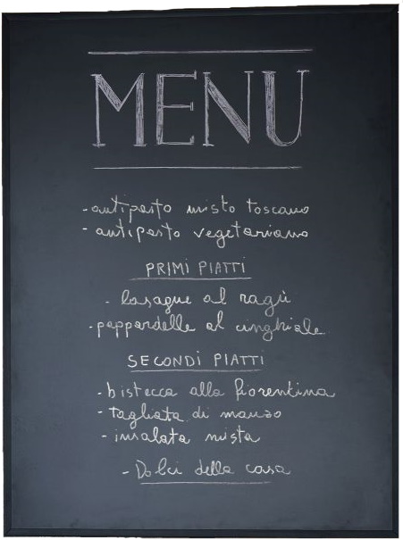 Cartesio Blackboard von Opinion Ciatti: Schwarze Tafel mit handgeschriebenem italienischem Menü für Multimediaständer.