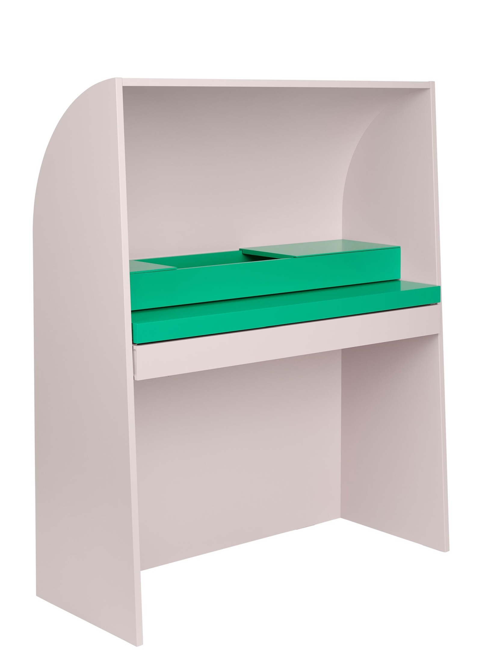 Akira Sekretär Schreibtisch von Schönbuch, weiß mit grünen Schubladen, modernes Design für Büro und Zuhause.