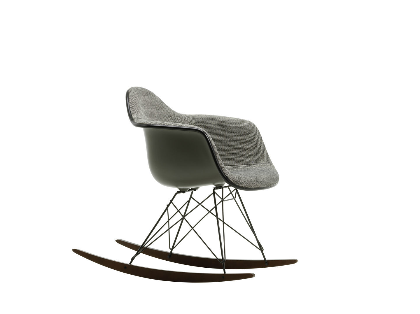 Vitra Eames Plastic Armchair RAR, vollgepolsterter Schaukelstuhl mit Kufen aus Holz und schwarzem Gestell.