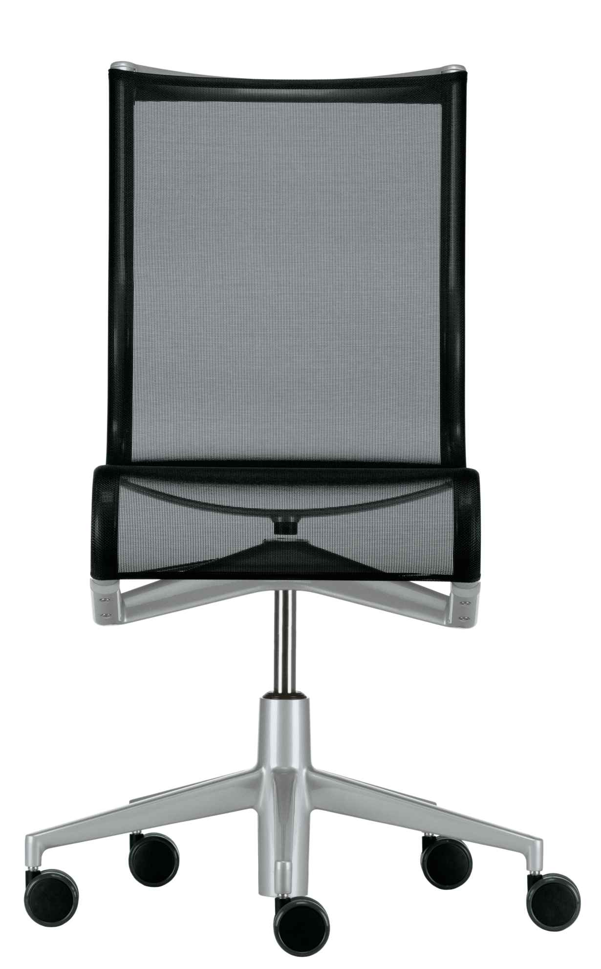 Rückansicht des Alias Rollingframe Bürostuhls mit schwarzem Netzgewebe und silberfarbenem Fußkreuz mit Rollen.