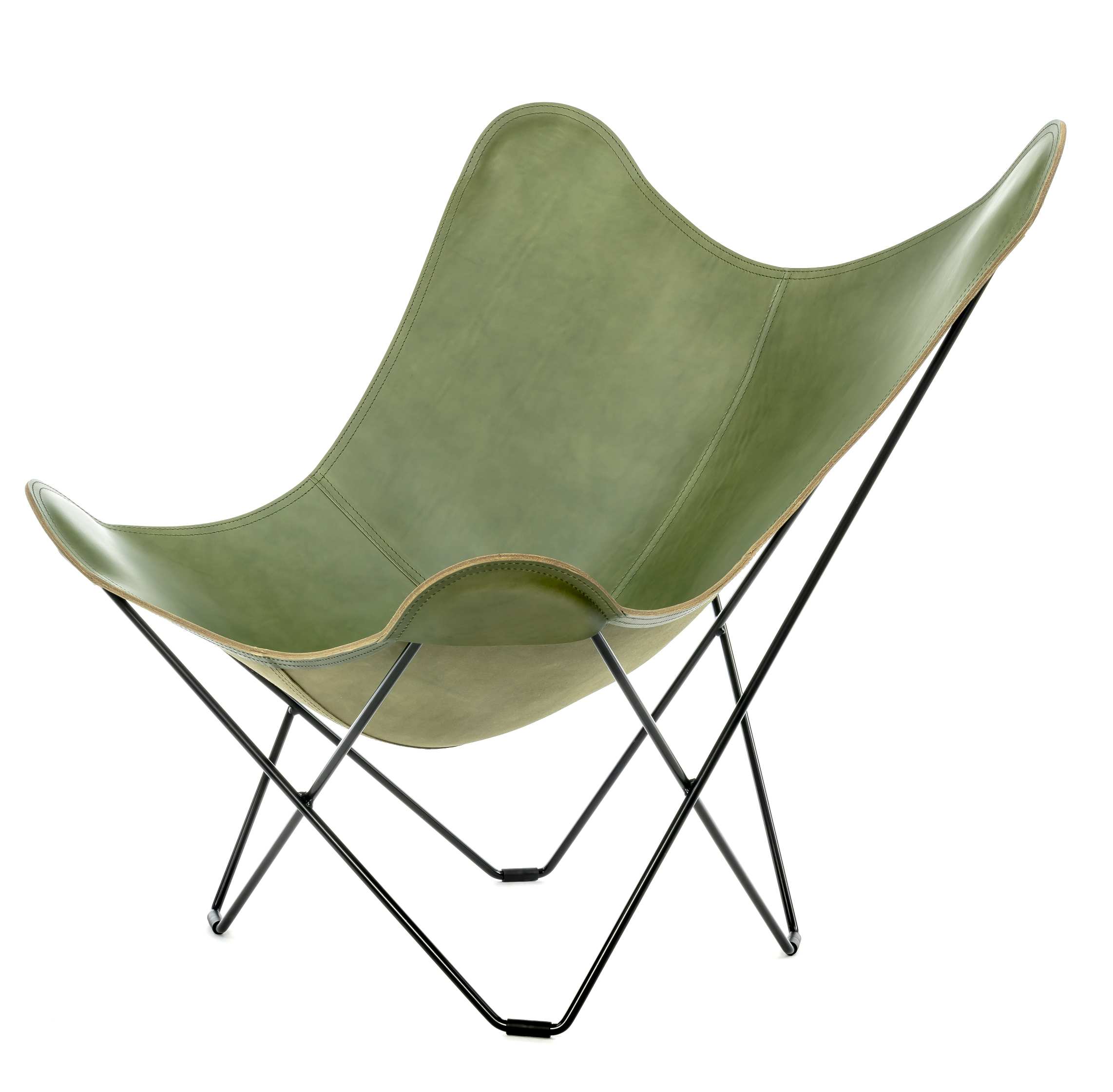 Grüner Pampa Mariposa Butterfly Chair Sessel aus Leder mit schwarzem Metallgestell.