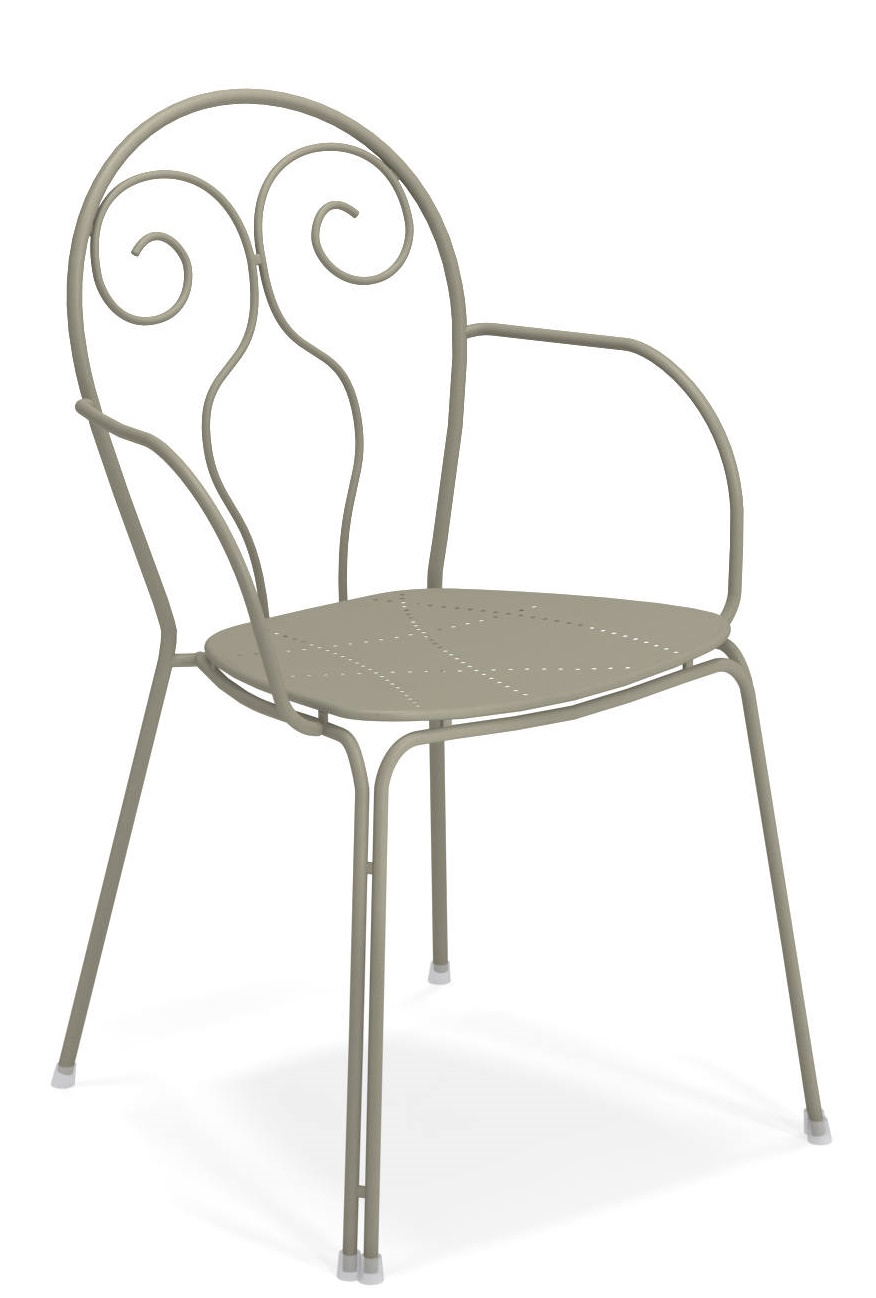 Caprera Stuhl von Emu für den Außenbereich, Metallstuhl mit Armlehne in Taupe.