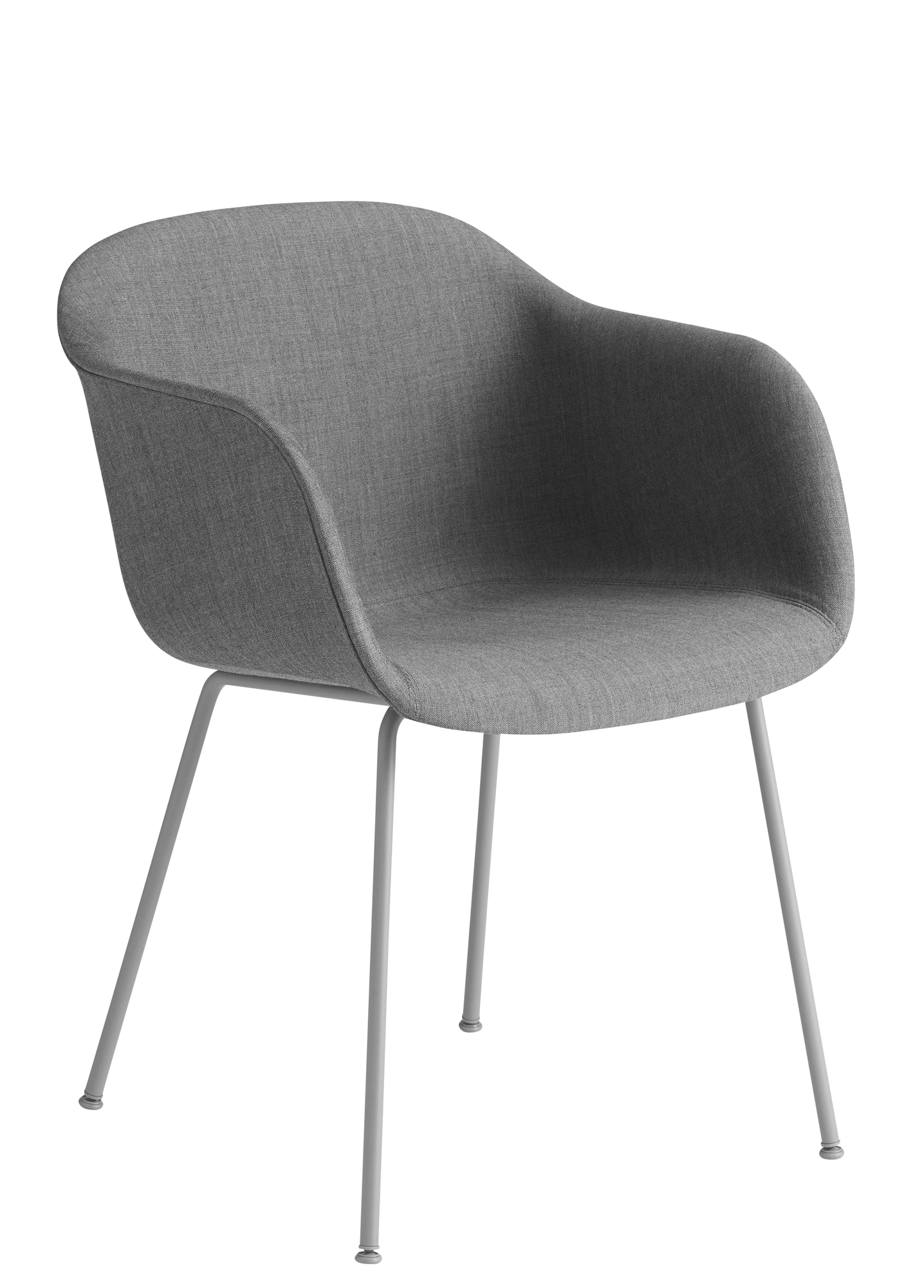 Grauer Fiber Armchair von Muuto mit Stoffbezug und filigranem Stahlrohrgestell für modernes Wohnen.