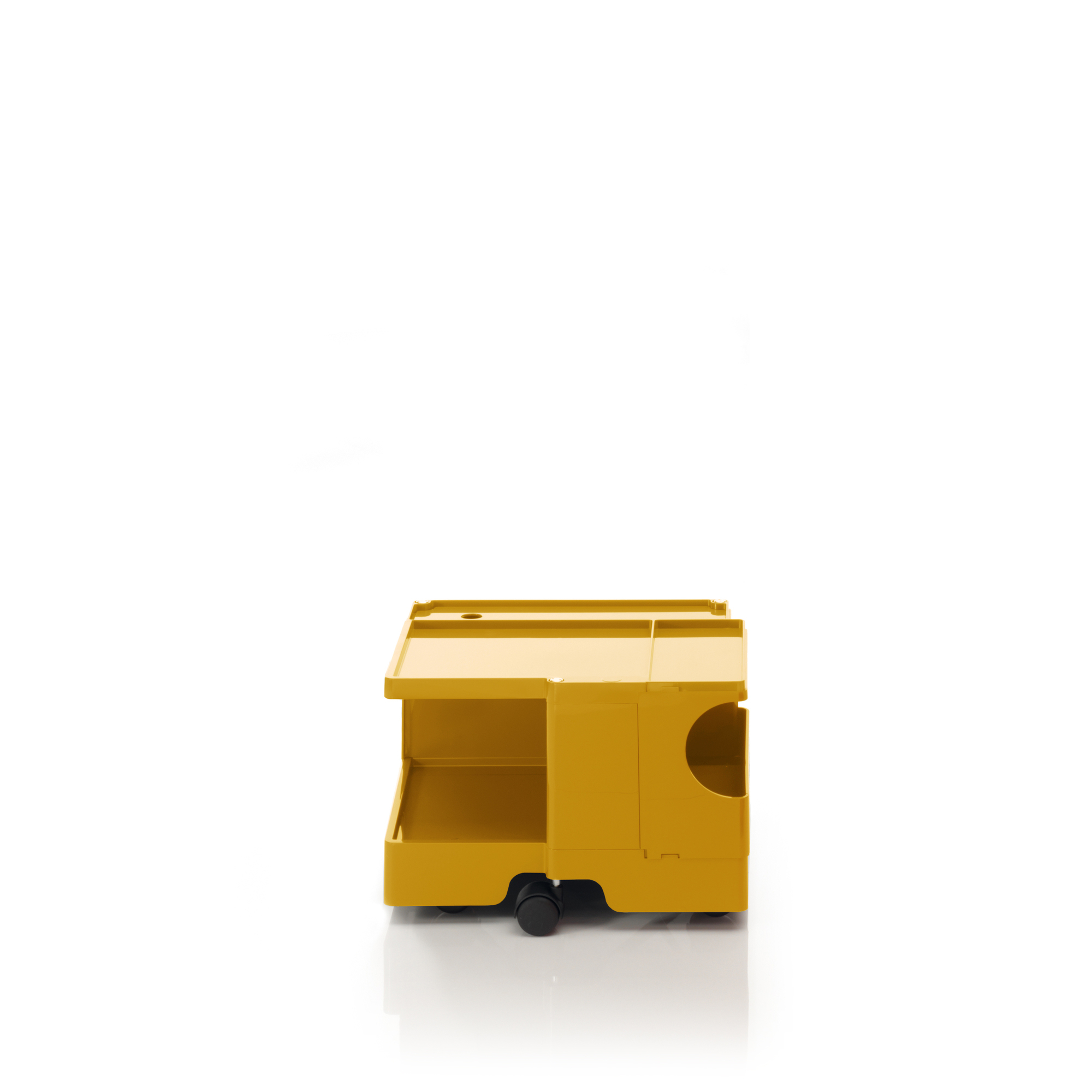 Gelber Boby B10 Rollcontainer von B-Line mit Ablageflächen und Rollen auf weißem Hintergrund.