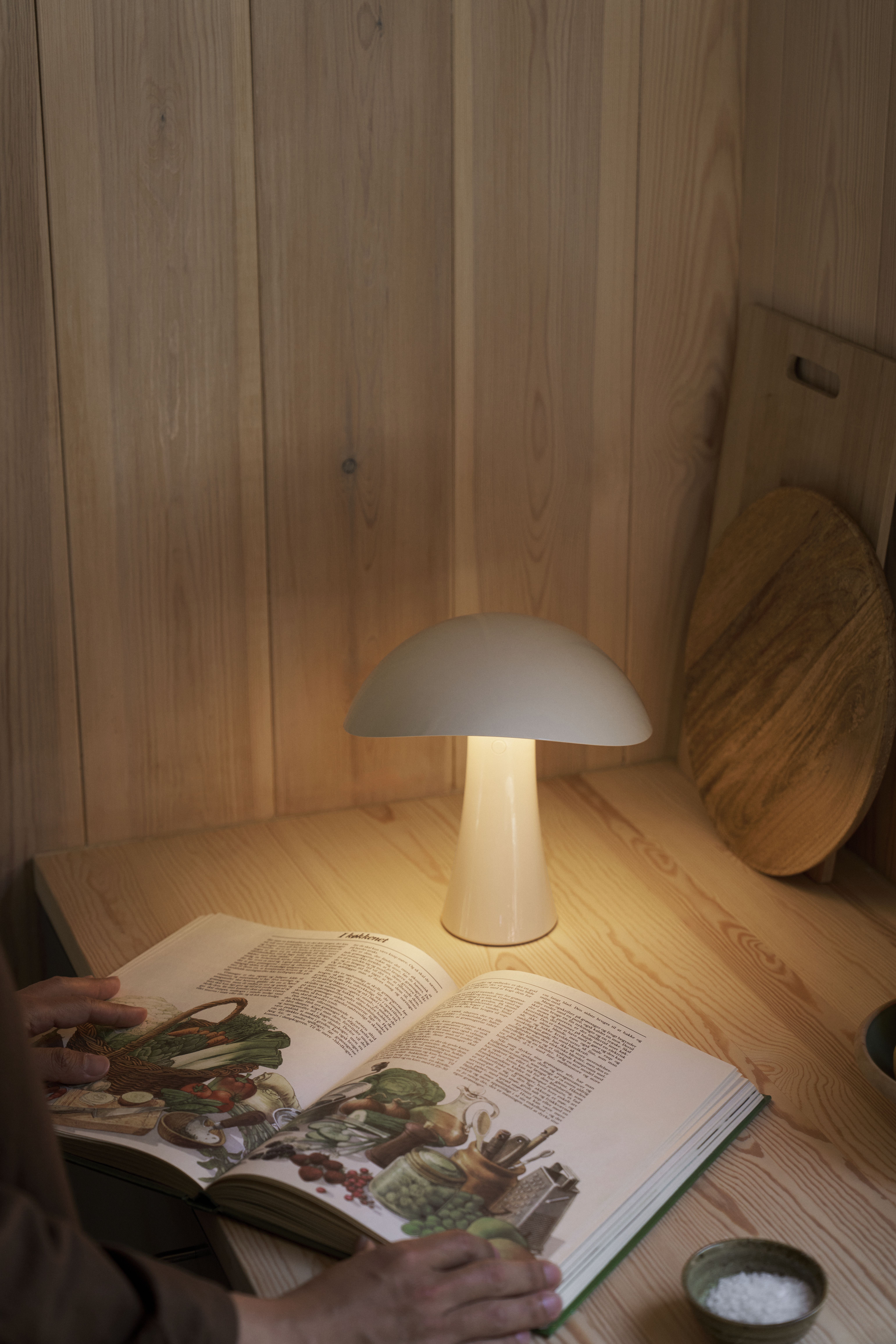 Nahaufnahme der Louis Poulsen Rumee Akkuleuchte, die ein Buch auf einem Holztisch beleuchtet.