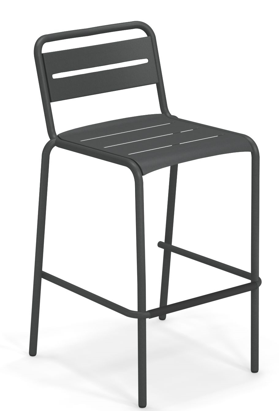 Star Barstool Barhocker Outdoor Emu, grauer Metall-Barstuhl mit Rückenlehne und Fußstütze für den Außenbereich.