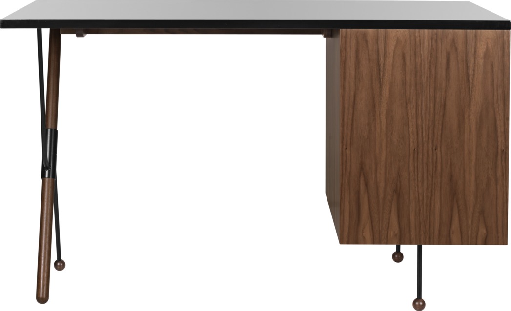 Gubi 62 Desk Schreibtisch mit schwarzer Tischplatte und Schubladenelement aus Nussbaumholz, modernes Design für Büro und Arbeitszimmer.