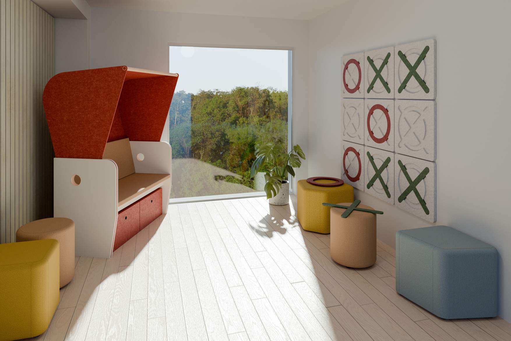 Büro-Szene mit Palmberg Baltic Strandkorb als Rückzugsort, bunten Hockern und Fenster mit Blick ins Grüne.