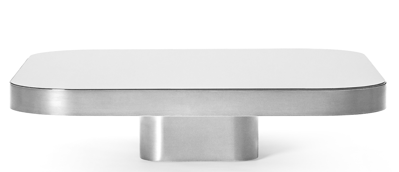 ClassiCon Bow Coffee Table No.1: Moderner Couchtisch mit weißer Tischplatte und silbernem Metallfuß.
