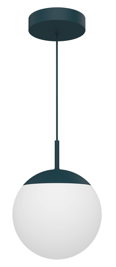 Mooon Pendelleuchte von Fermob, moderne Hängelampe mit runder, weißer Glaskugel und dunkelblauem Lampenschirm.