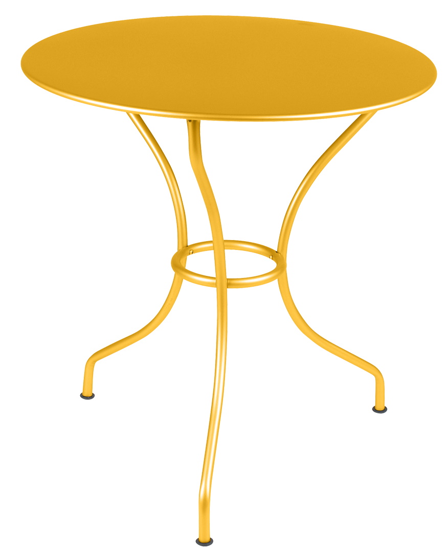 Goldener Opéra+ Gartentisch von Fermob, runder Outdoor-Tisch aus Metall für Terrasse und Balkon.