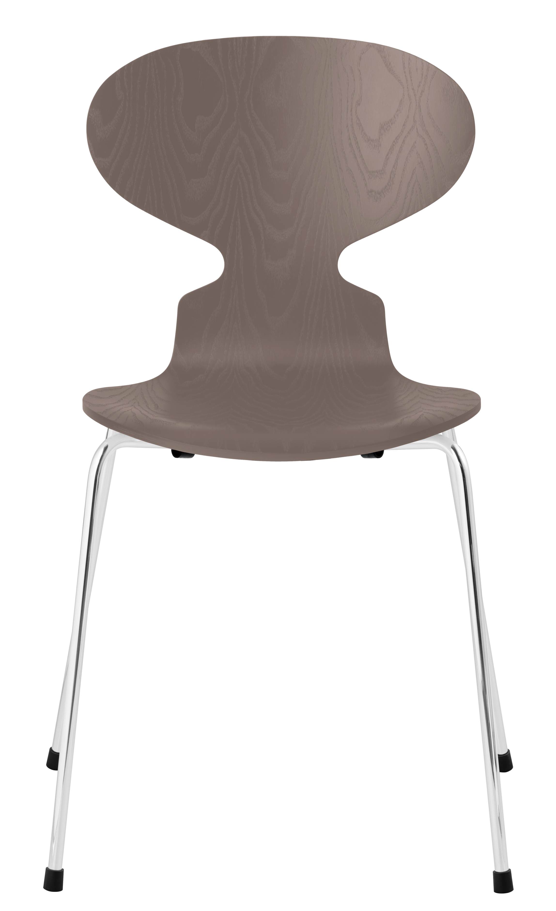 Fritz Hansen Ameise Stuhl mit vierbeinigen Chromgestell und brauner Sitzschale aus Holz.