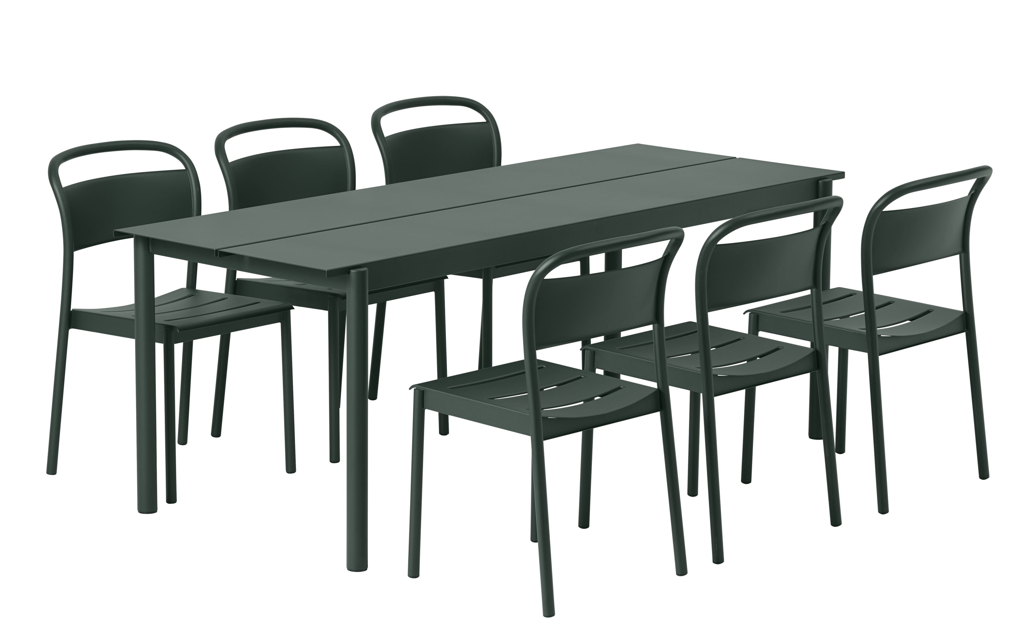 Muuto Linear Steel Side Chair: Gartengarnitur mit sechs Stühlen und Tisch in Dunkelgrün.