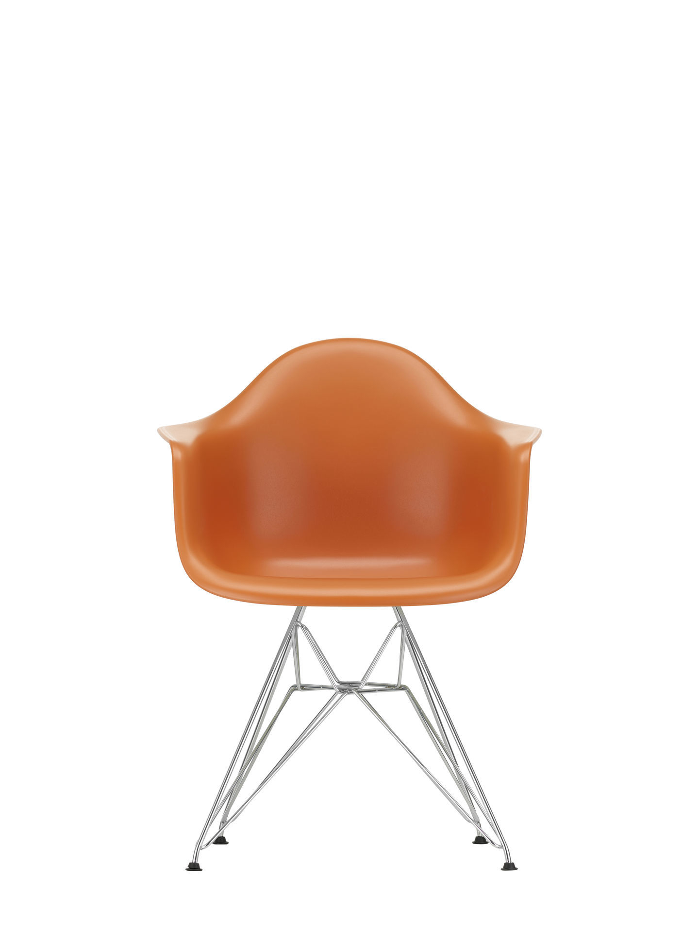 Nahaufnahme eines Eames Plastic Arm Chair DAR Stuhls in Forest mit verchromtem Gestell.