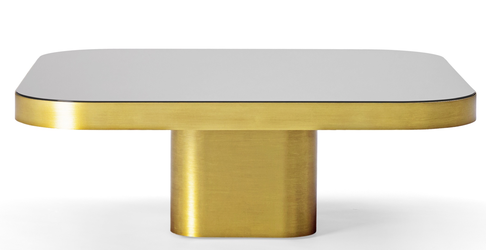 ClassiCon Bow Coffee Table No. 2 mit quadratischer, grauer Tischplatte und goldenem Metallfuß.