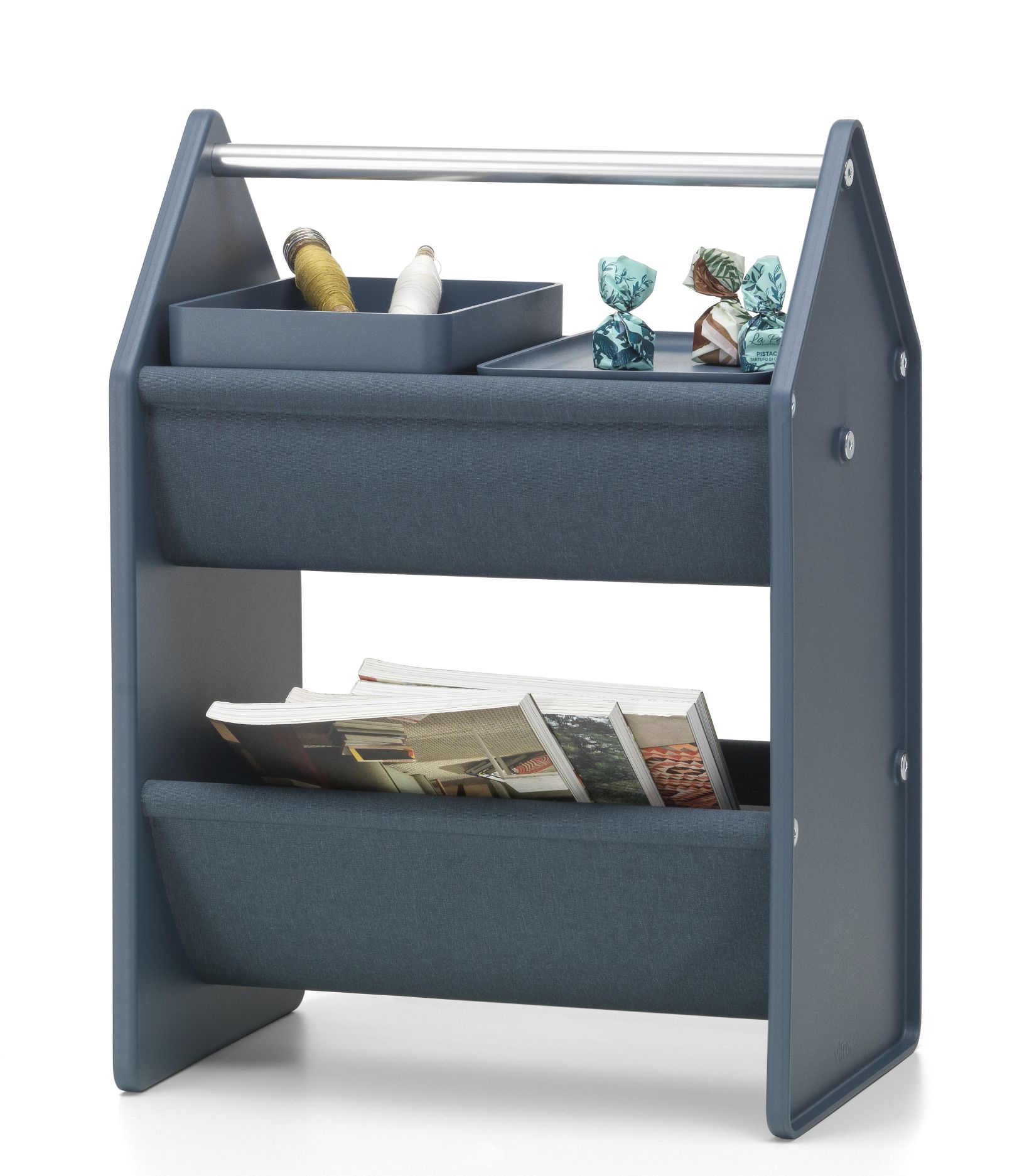 Vitra Drop Box Tray Set, blaues Regal mit zwei Ablagen und Zubehör.