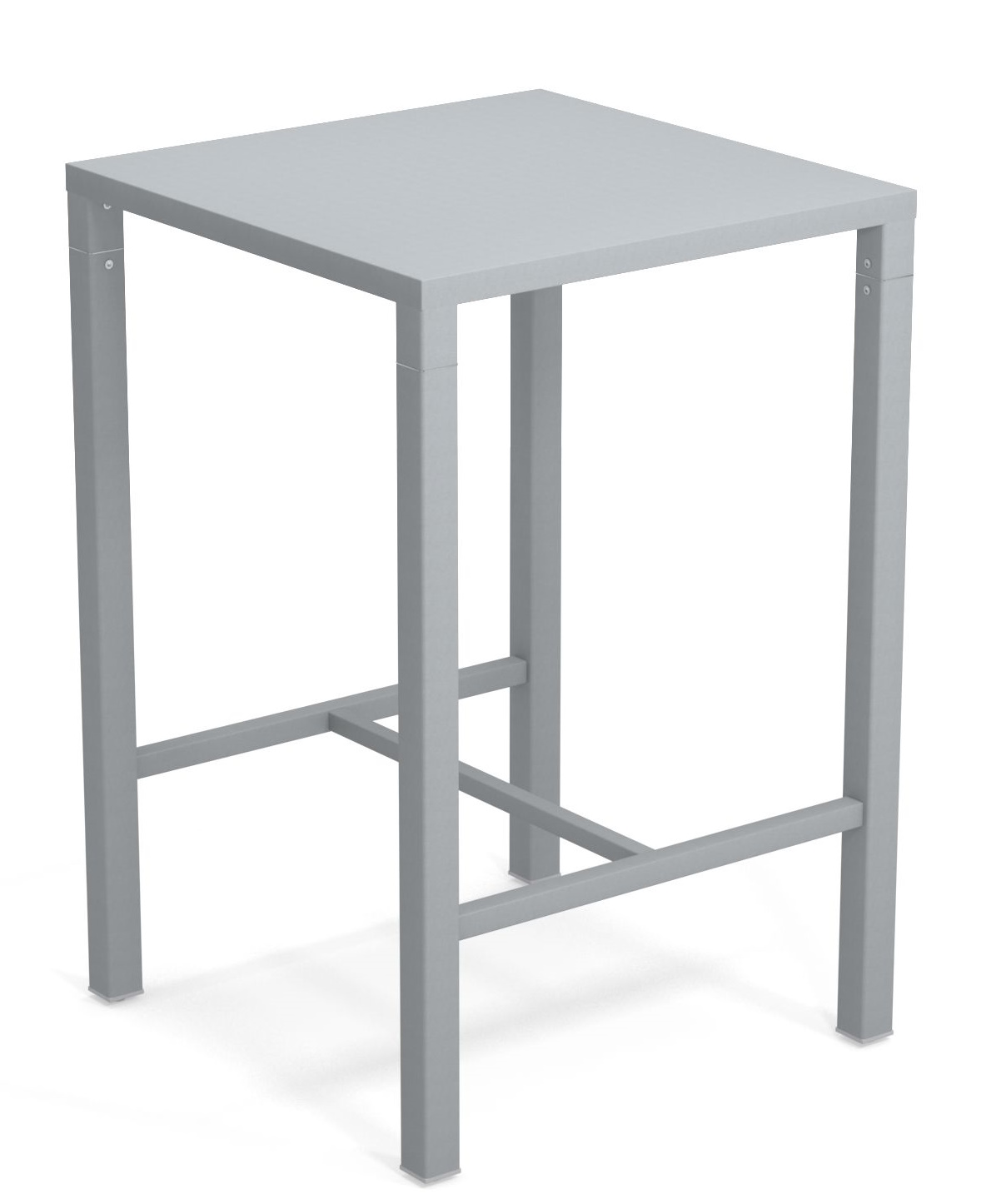 Grauer Nova Hochtisch Outdoor von Emu, quadratische Tischplatte und Gestell aus pulverbeschichtetem Stahl.