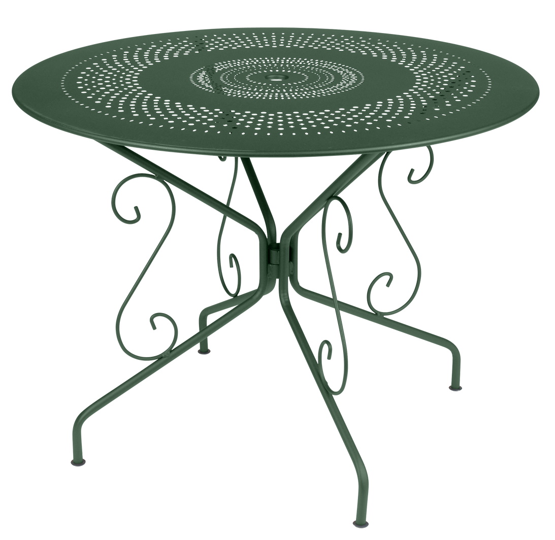 Grüner Montmartre Tisch von Fermob für den Außenbereich mit filigranem, durchbrochenem Design und geschwungenem Untergestell.