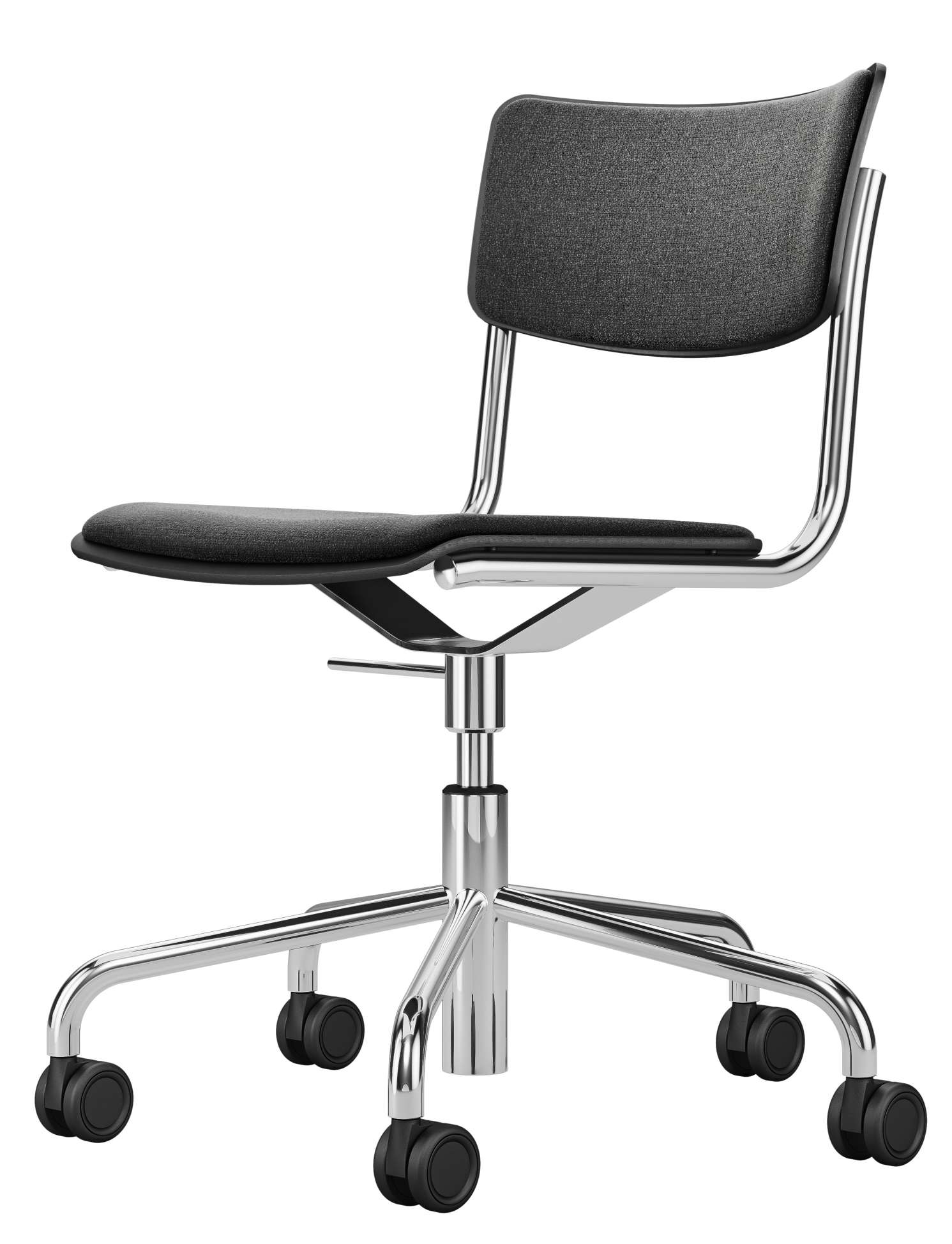 S 43 PVDR Thonet Drehstuhl mit grauem Stoffbezug und verchromtem Stahlrohrgestell auf Rollen.