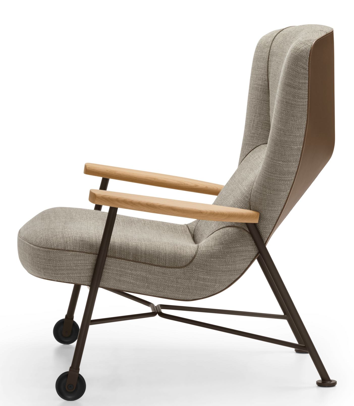 Walter Knoll Shinzo Lounge Chair Sessel 264/265 mit hellgrauem Stoffbezug, Holzarmlehnen und Rollen.