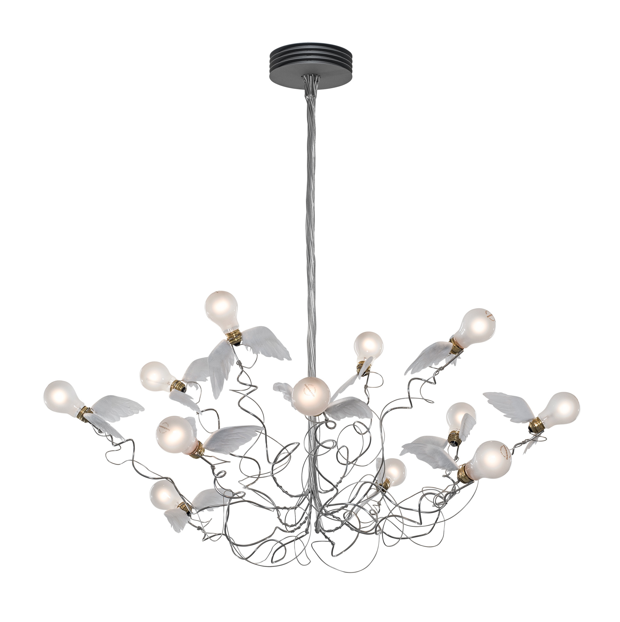 Birdie LED Kronleuchter von Ingo Maurer: Moderne Designerlampe mit geflügelten Glühbirnen und silbernem Drahtgestell.