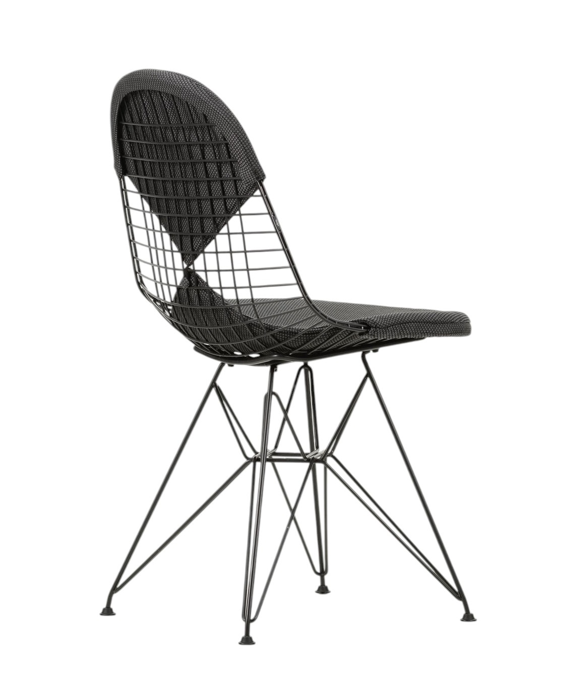 Vitra DKR-2 Wire Chair Stuhl mit schwarzem Sitzpolster und filigranem Drahtgestell, seitliche Ansicht.