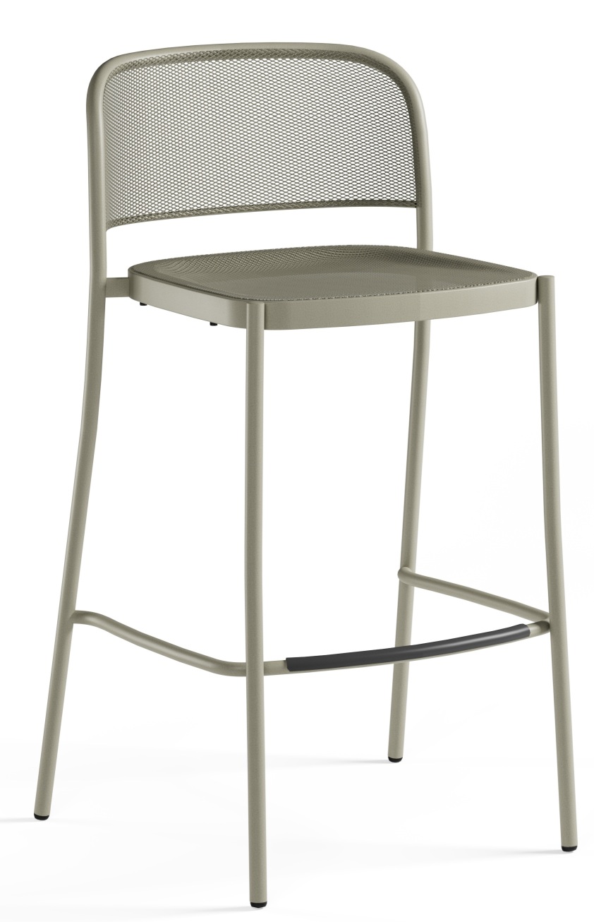 Café Barstool von Emu, ein grauer Outdoor-Barhocker aus Metall mit Rückenlehne und Fußstütze.