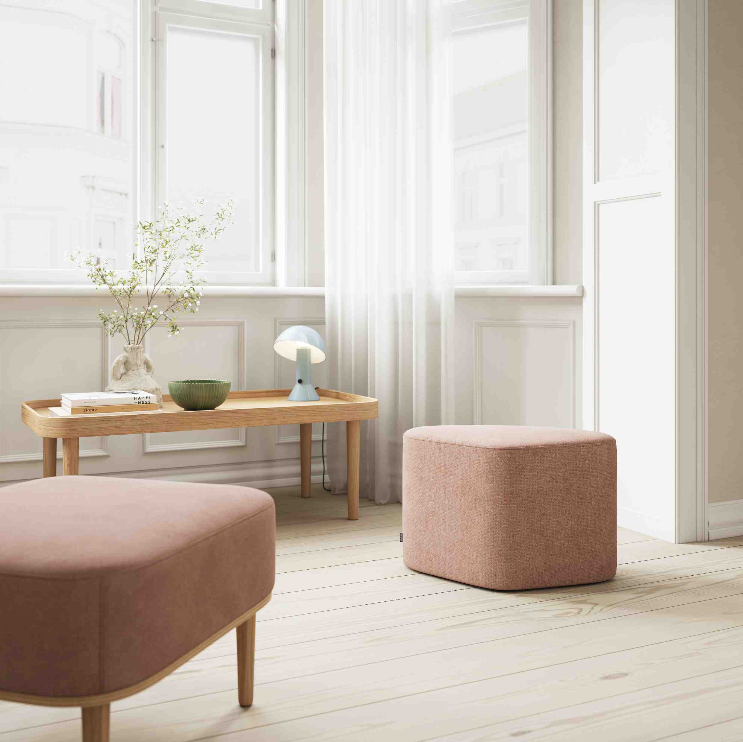 Serena Pouf Ottoman in Dusty Rose und Eiche natur, quadratischer Hocker für Wohnzimmer.
