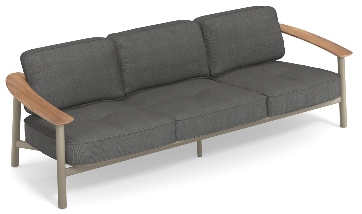 Graues Twins Sofa Outdoor von Emu mit Holzarmlehnen und bequemen Sitzkissen für den Garten.