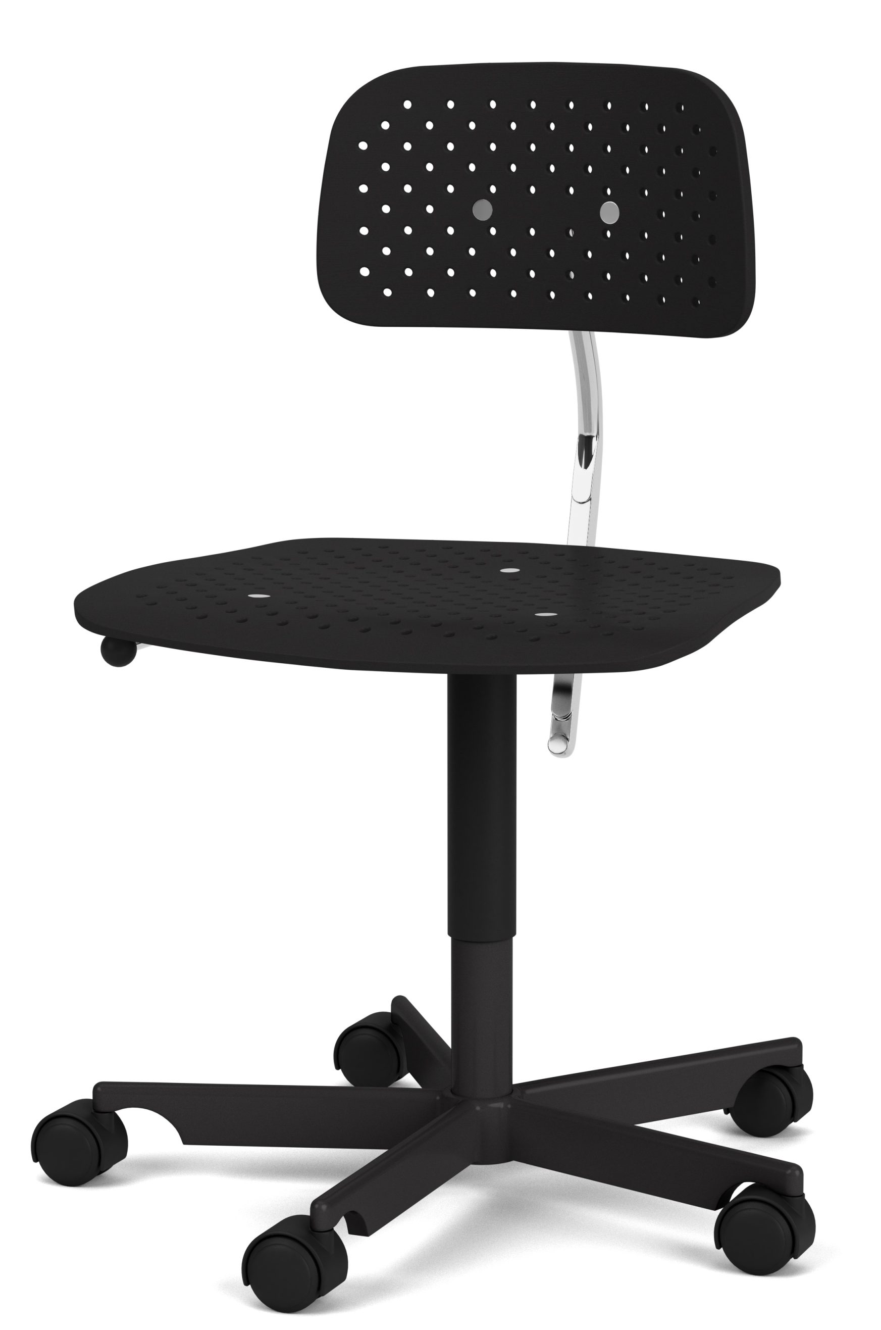 Schwarzer Kevi Air Drehstuhl von Montana mit Rollen, höhenverstellbar und perforierter Sitzfläche und Rückenlehne.