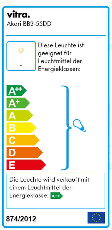 Energieeffizienzlabel der Akari Stehleuchte BB3-55DD von Vitra mit Energieklassen von A++ bis E.