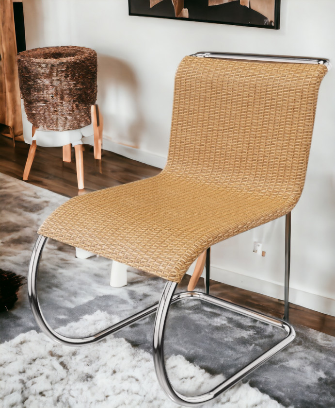 MR Stuhl ohne Armlehnen, Rattan, Knoll International, Freischwinger, Stahlrohrgestell, modernes Design, Innenarchitektur.