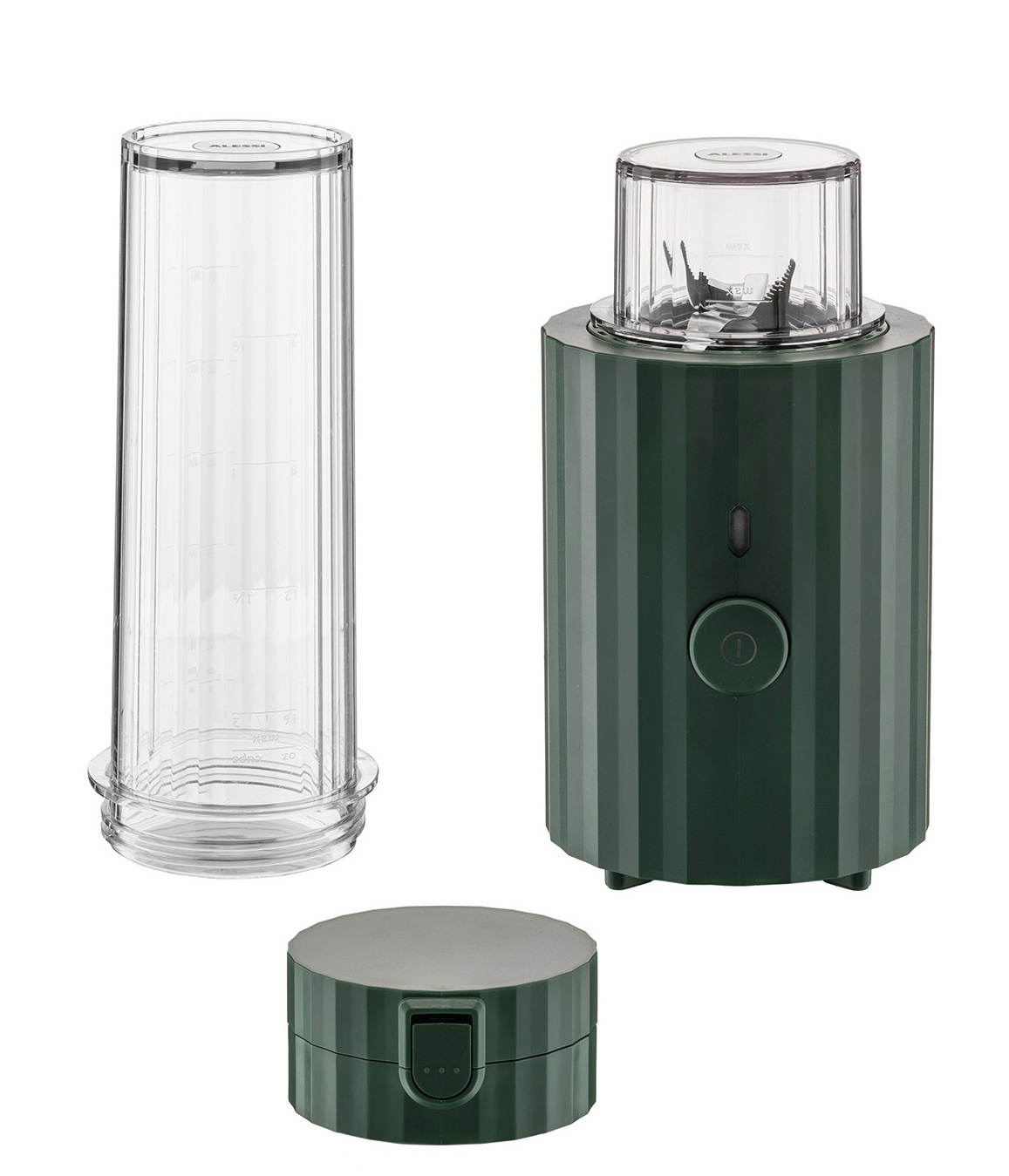 Alessi Plissé Smoothie Maker in Grün mit Mixbecher und Deckel, ideal für Smoothies.