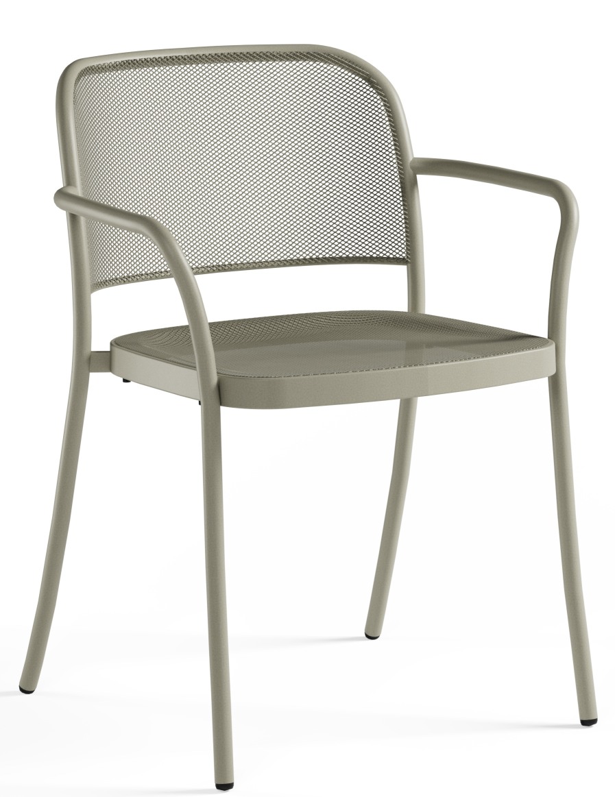 Café Armchair von Emu: Moderner Outdoor-Stuhl mit Armlehnen und Mesh-Design in Taupe.