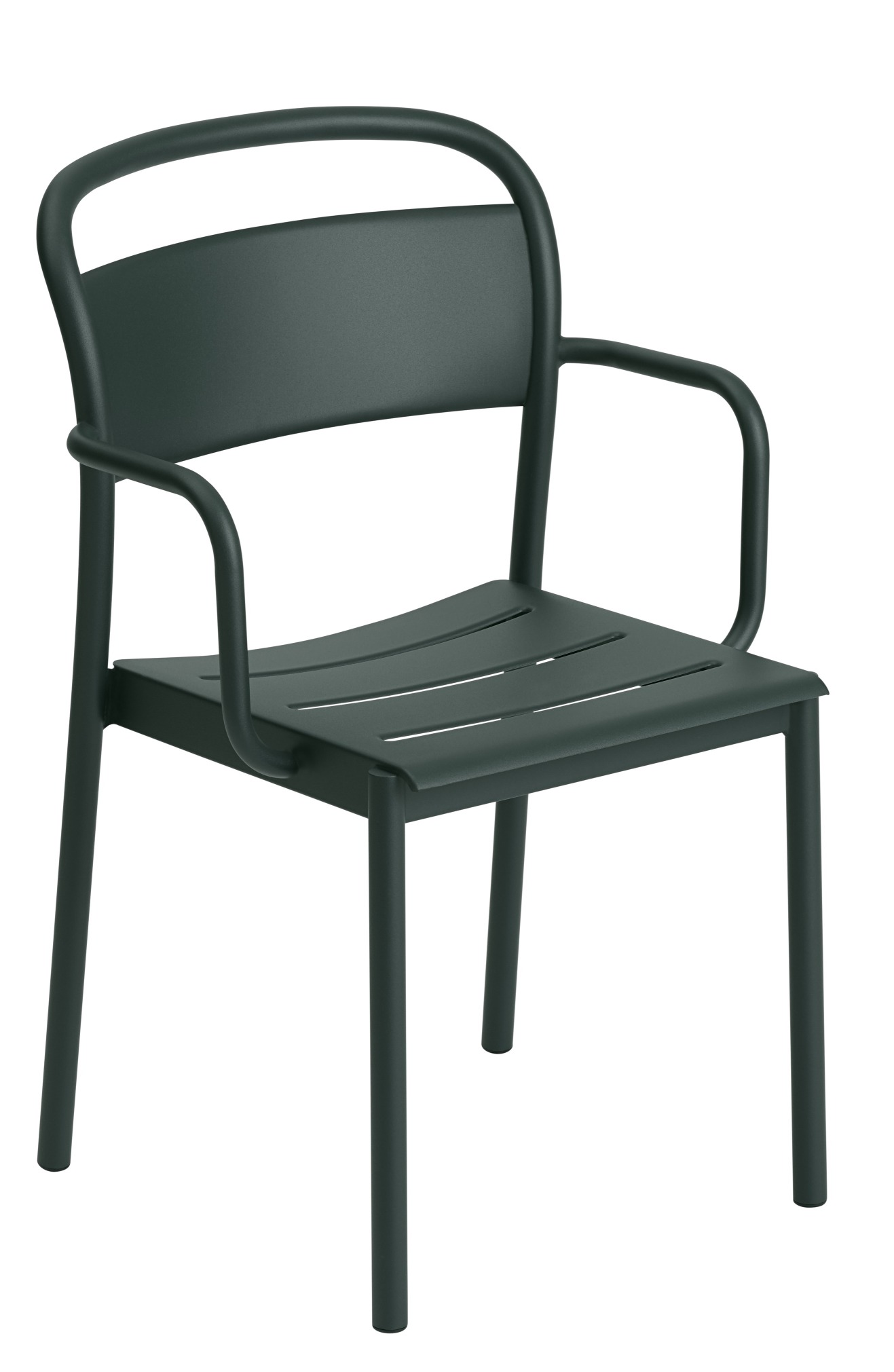 Muuto Linear Steel Armchair: Grauer Outdoor Armlehnstuhl aus Stahl, modern und minimalistisch gestaltet.