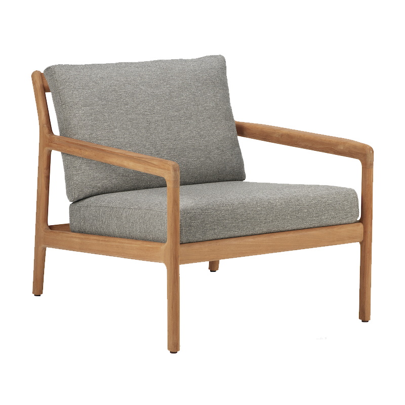 Jack Outdoor Loungesessel: Bequemer 1-Sitzer Gartenstuhl aus Teakholz mit grauem Kissen. Modernes Design für Terrasse und Balkon.