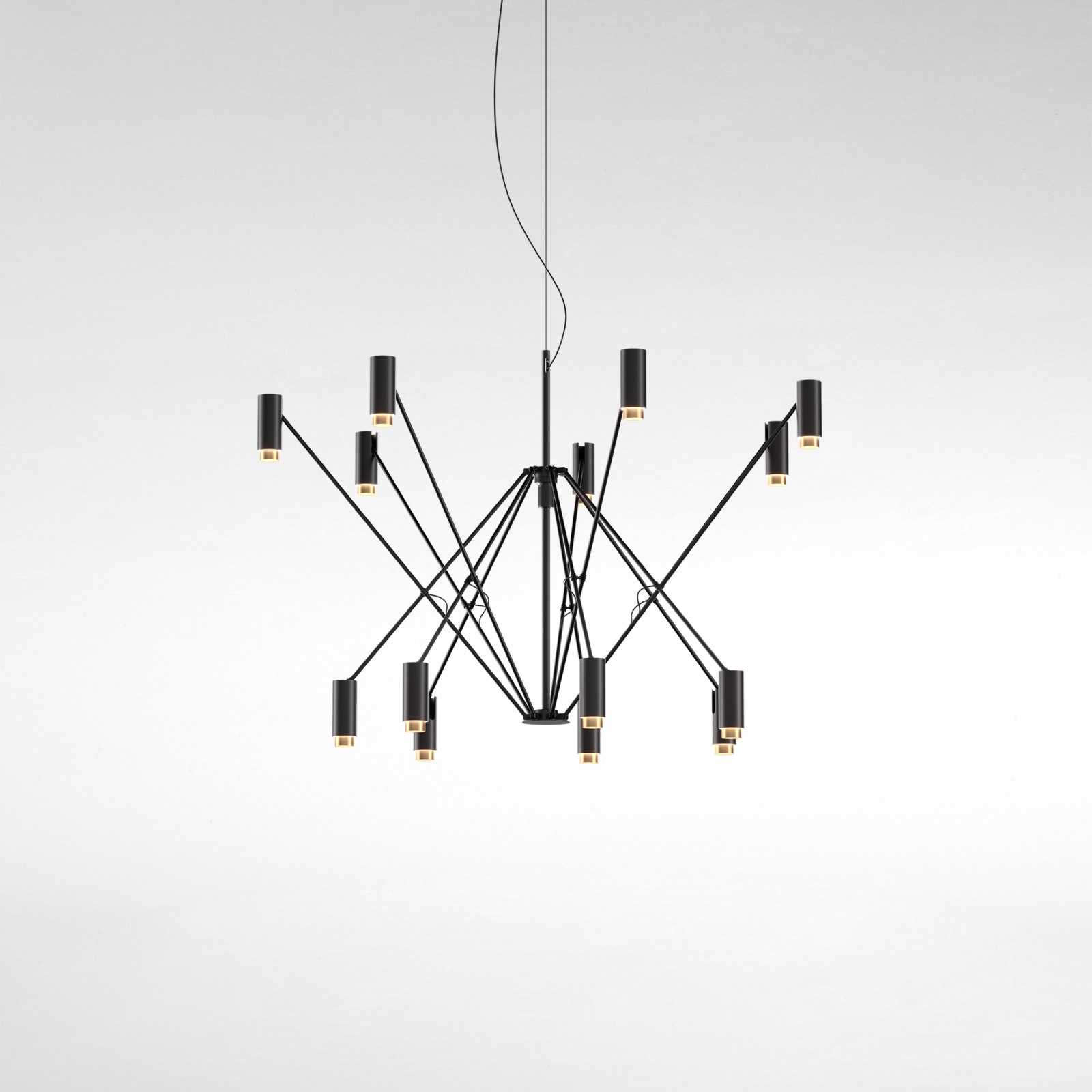The W Pendelleuchte von Marset, moderne Hängelampe in Schwarz mit zylindrischen Leuchten.