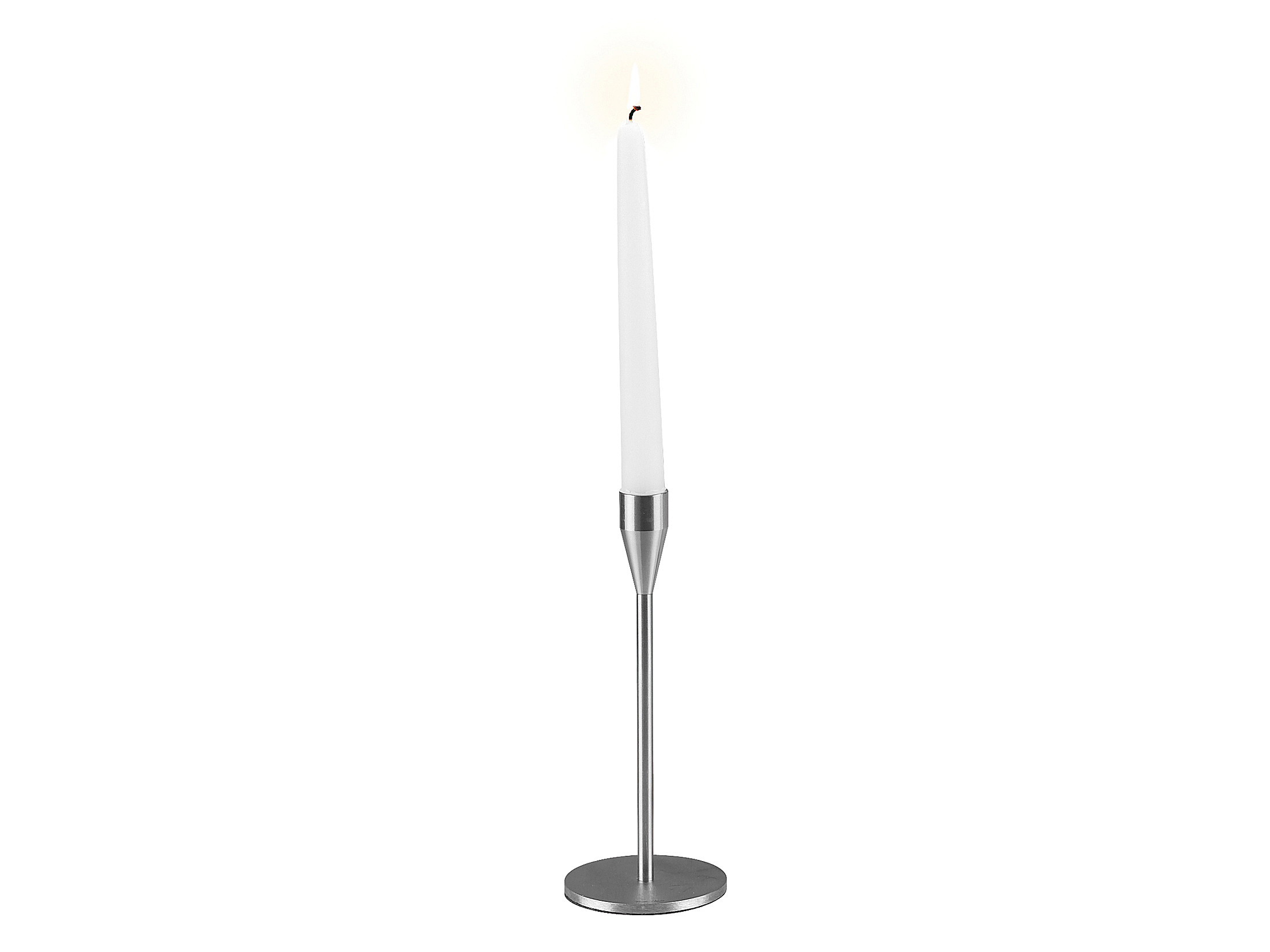 Mars/Venus Kerzenständer MINI von Piet Hein: Einzelstück, silberfarben, mit brennender, weißer Stabkerze.