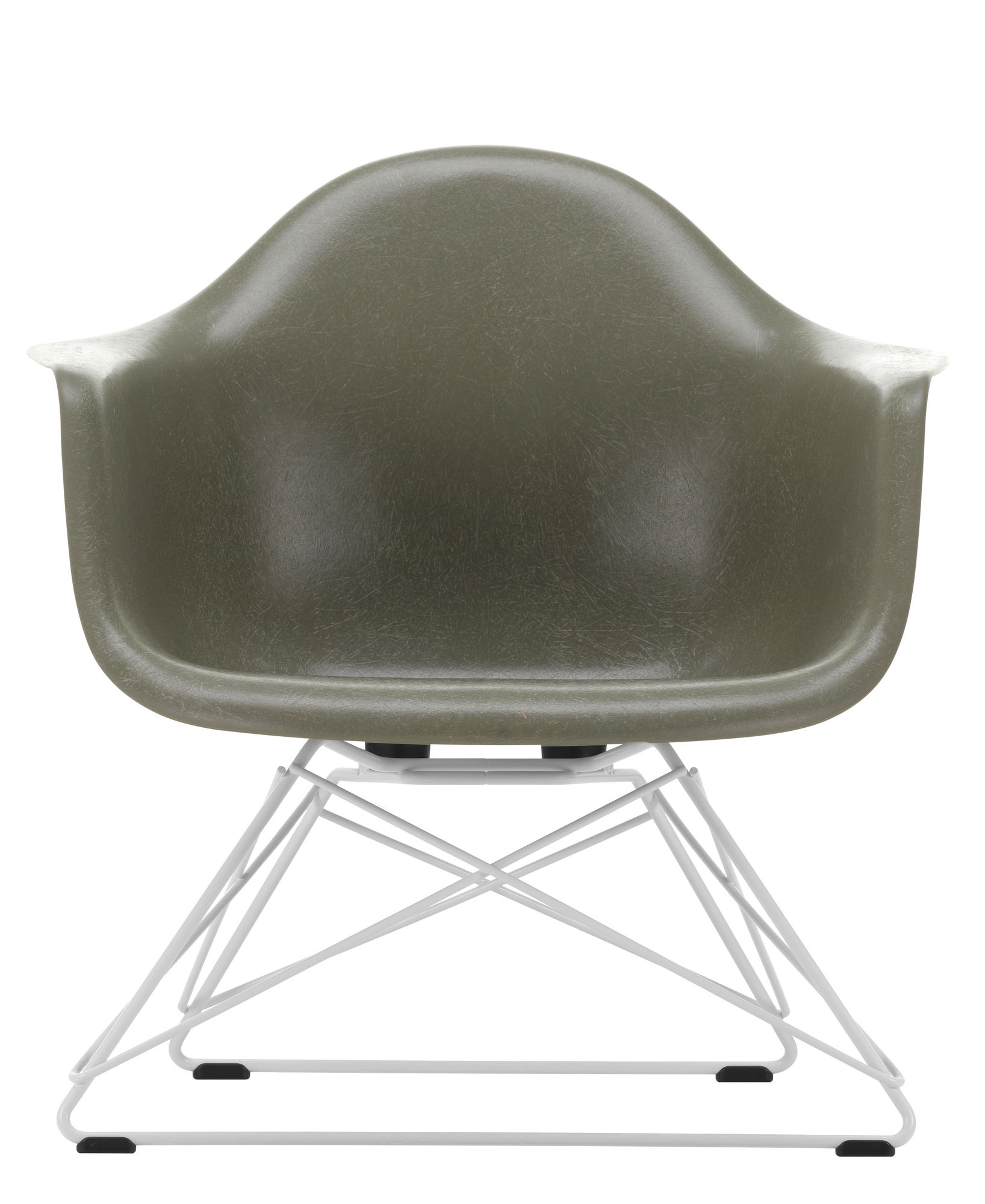 Vorderansicht des olivgrünen Eames Fiberglass Arm Chair LAR Stuhl mit weißem Drahtgestell.