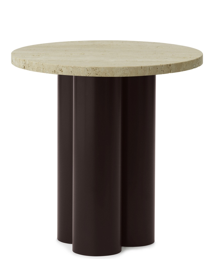 Dit Coffee Table von Normann Copenhagen: Runder Beistelltisch mit Travertin-Tischplatte und dunkelbraunem, zylindrischem Dreibein-Gestell.