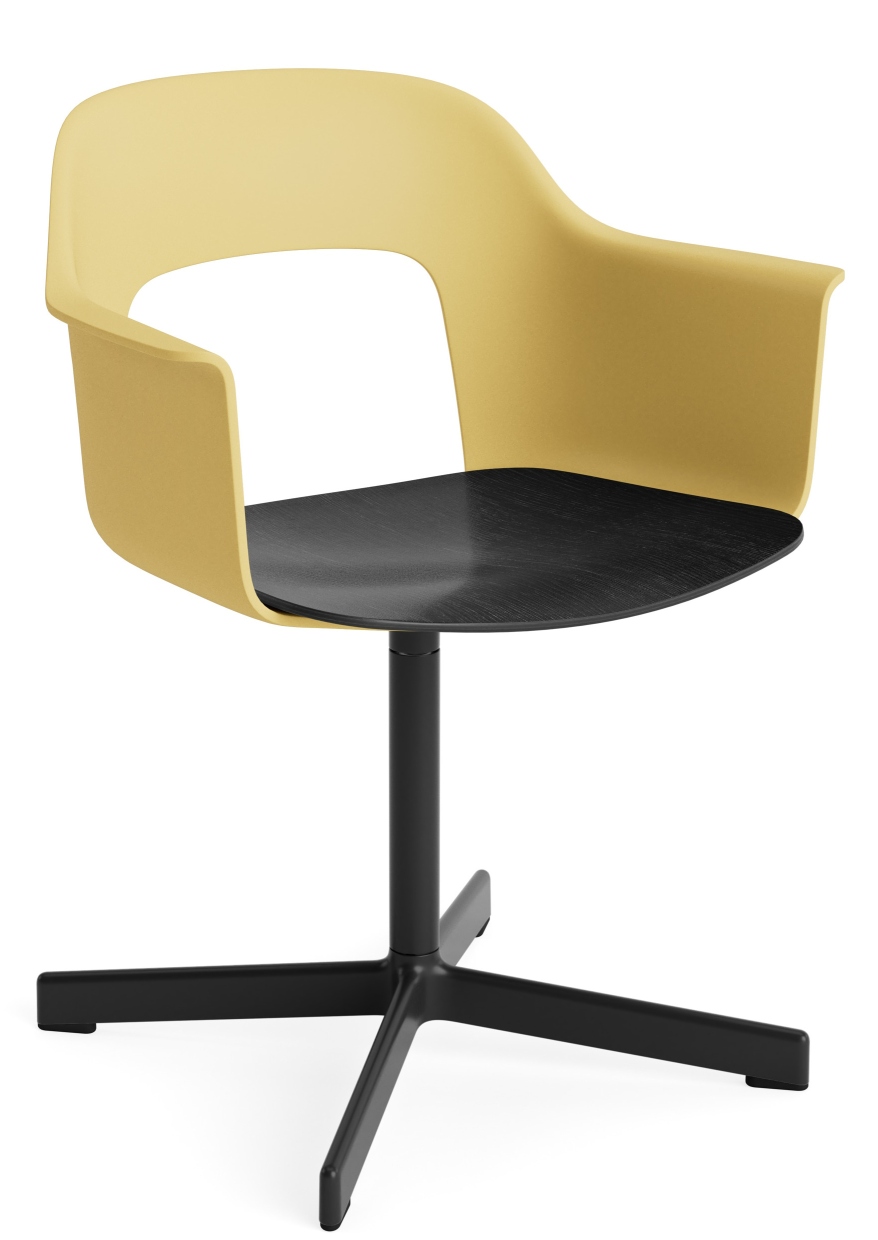 Hay Layout Armchair 232: Gelber Armlehnstuhl mit schwarzer Sitzfläche und Drehfuß für Büro und Wohnzimmer.