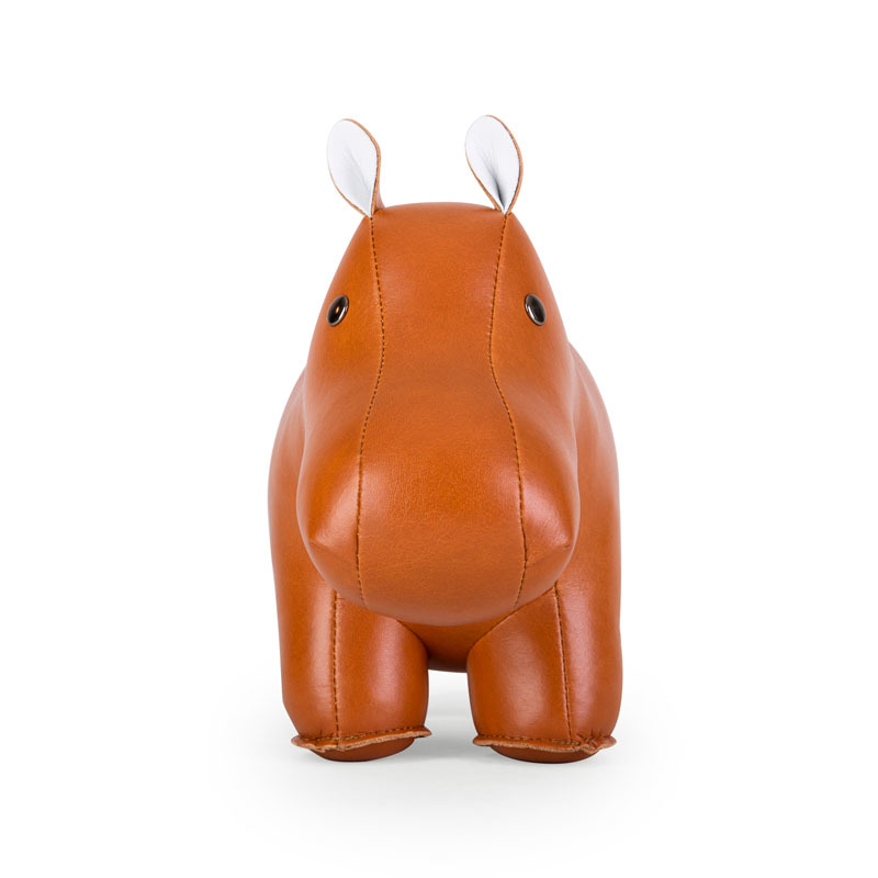 Braune Nilpferd-Buchstütze von Züny, dekorative Tierfigur für Kinderzimmer und Bücherregal, Lederoptik.