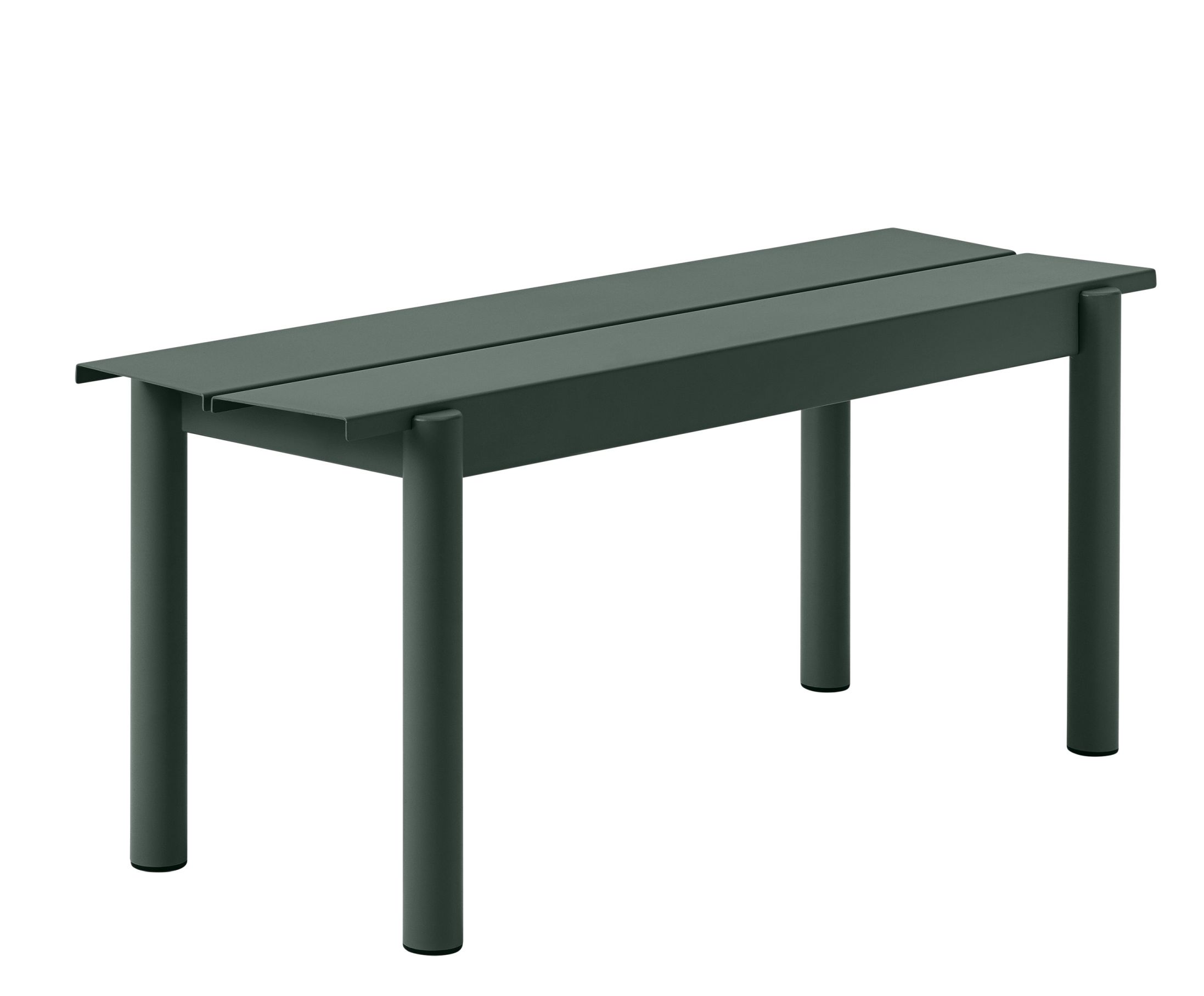 Muuto Linear Steel Bench Outdoor Bank in Grün, moderne Gartenbank aus Stahl für den Außenbereich.