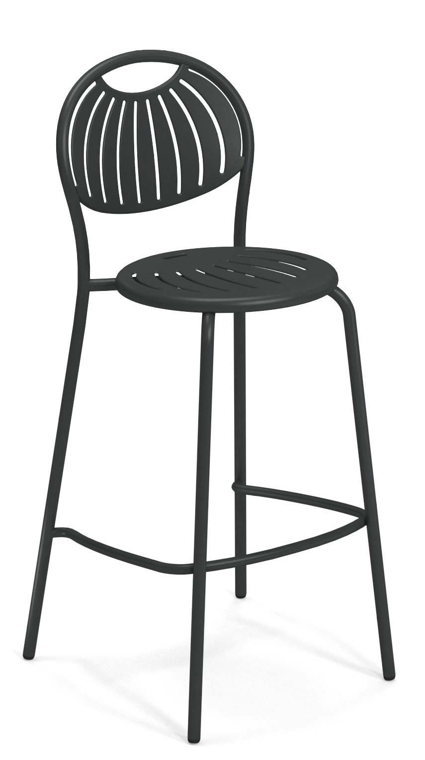 Coupole Barhocker von Emu für den Außenbereich, Stahl, anthrazitfarben, modernes Design mit Rückenlehne.