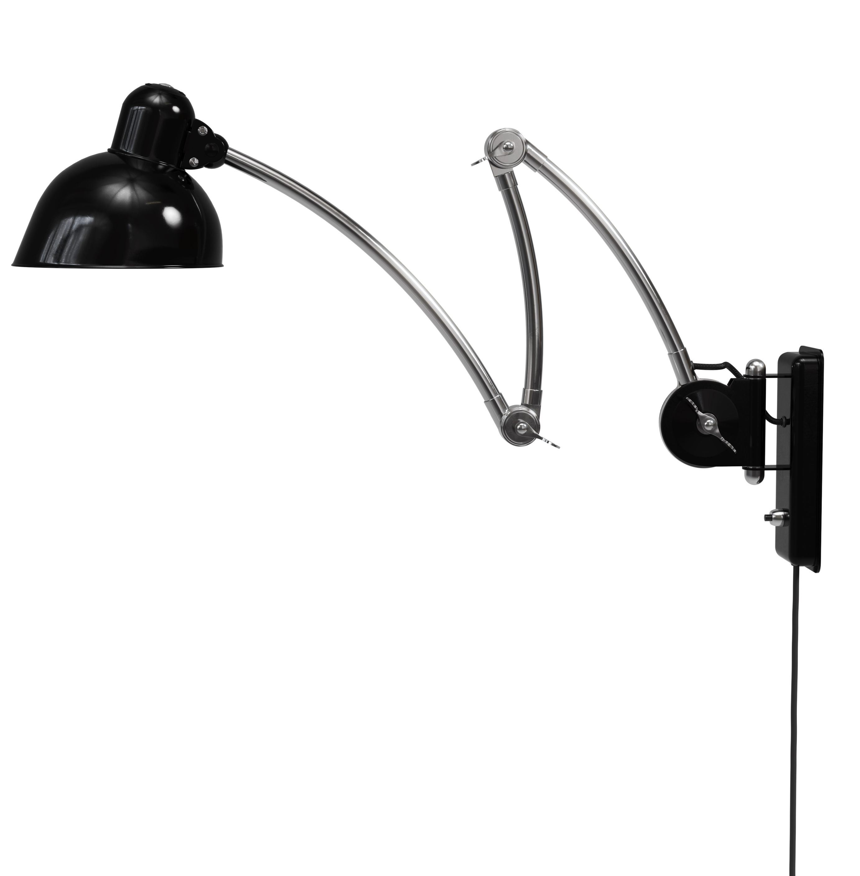 Schwarze Kaiser idell Wandleuchte mit verstellbarem Arm, Design Fritz Hansen, für stilvolle Innenraumbeleuchtung.