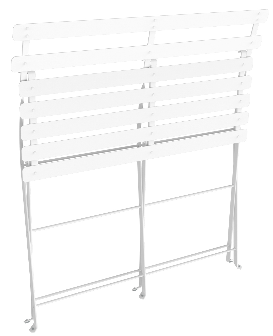 Zusammengeklappte, weiße Bistro 2-Sitzer Klappbank von Fermob für den Outdoor-Bereich, ideal für kleine Balkone und Terrassen.