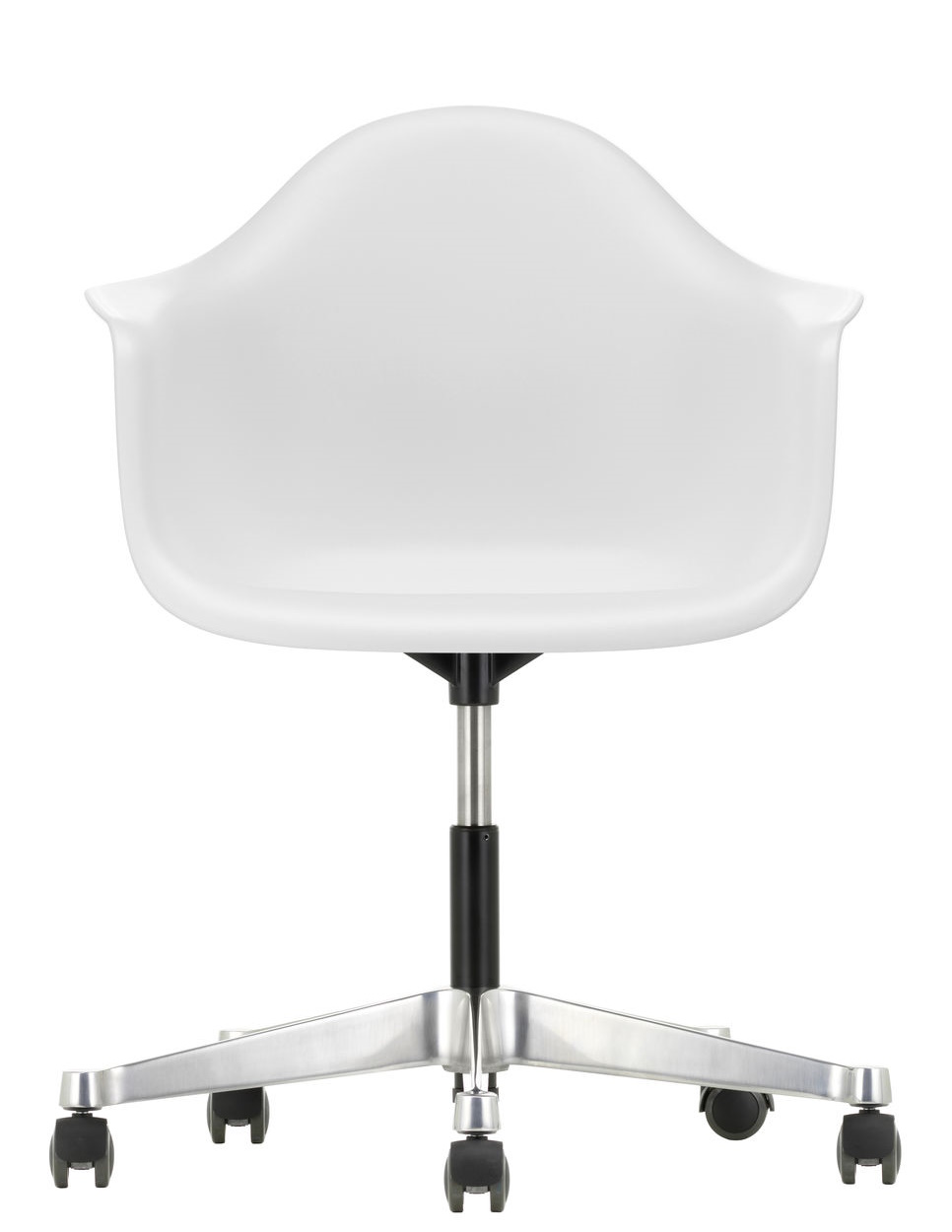 Weißer Eames Plastic Arm Chair PACC Stuhl von Vitra mit Rollen und silbernem Fußkreuz, Ansicht von hinten.