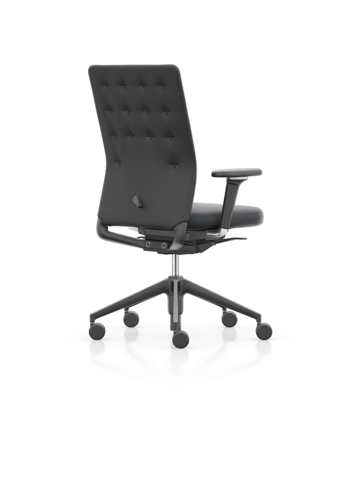 Rückansicht des Vitra ID Chair Bürodrehstuhls ID Trim in Anthrazit, ergonomischer Bürostuhl mit Rollen.